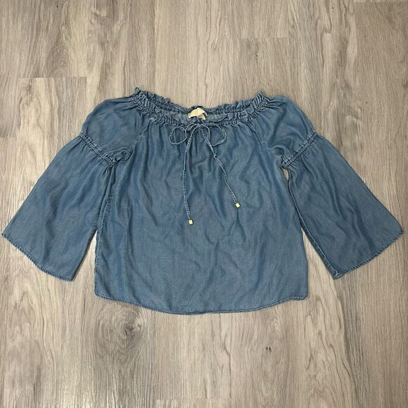 Michael Kors Blue Denim Off The Shoulder Blouse - Picture 2 of 4